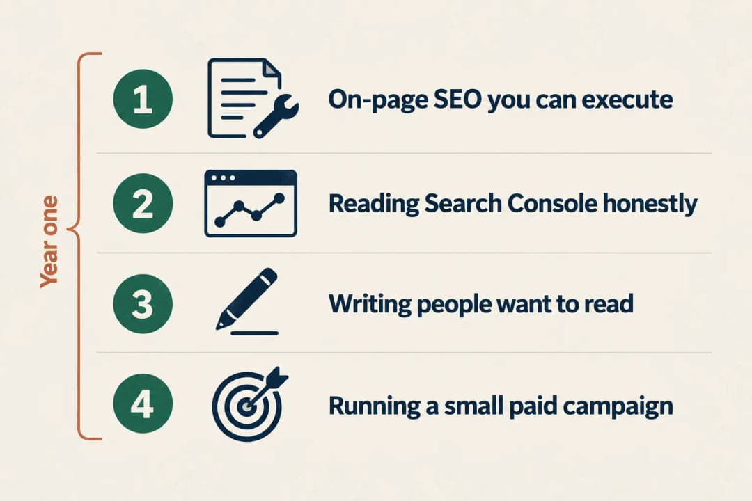 The four skills that decide whether a digital marketing junior gets hired in the first year: on-page SEO you can execute, reading Search Console and Analytics honestly, writing a human wants to read, and running a small paid campaign end to end