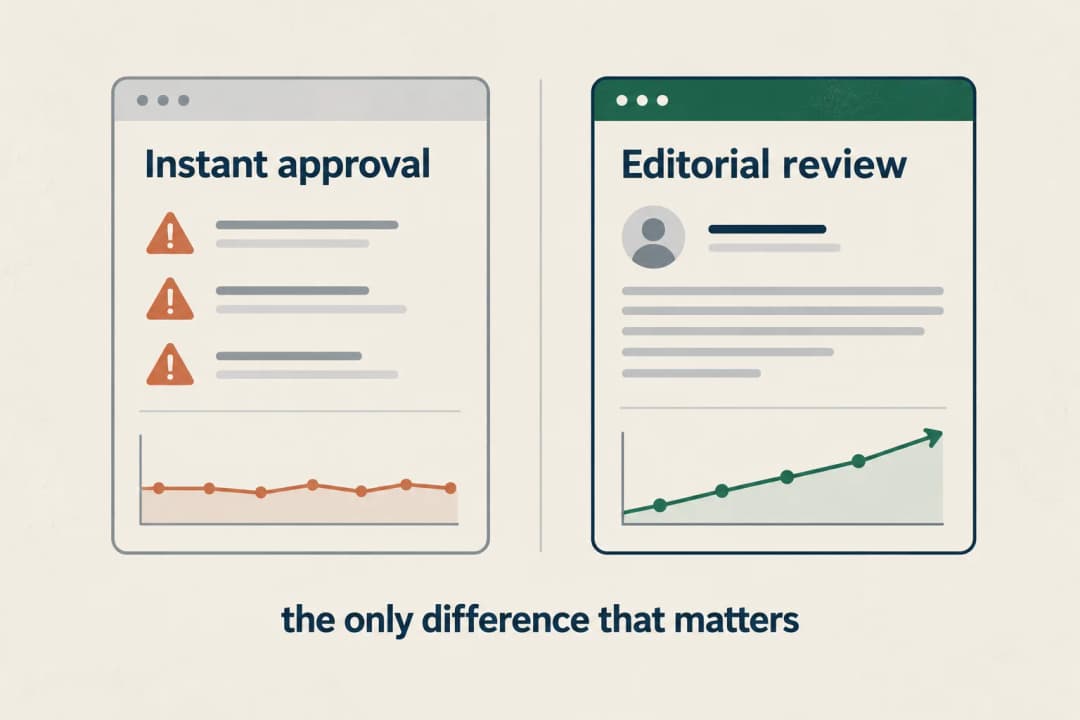 A narrow funnel showing the guest posting filter: around forty candidate sites pour into the wide opening and only four emerge from the narrow base, with the neck labelled editorial review