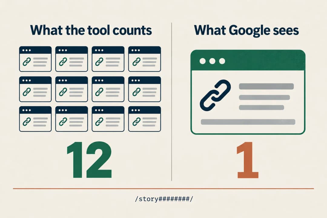One bookmarking platform serving twelve different domain names, every submission sitting at the same slash-story URL pattern, so Semrush counts twelve referring domains where Google sees one source