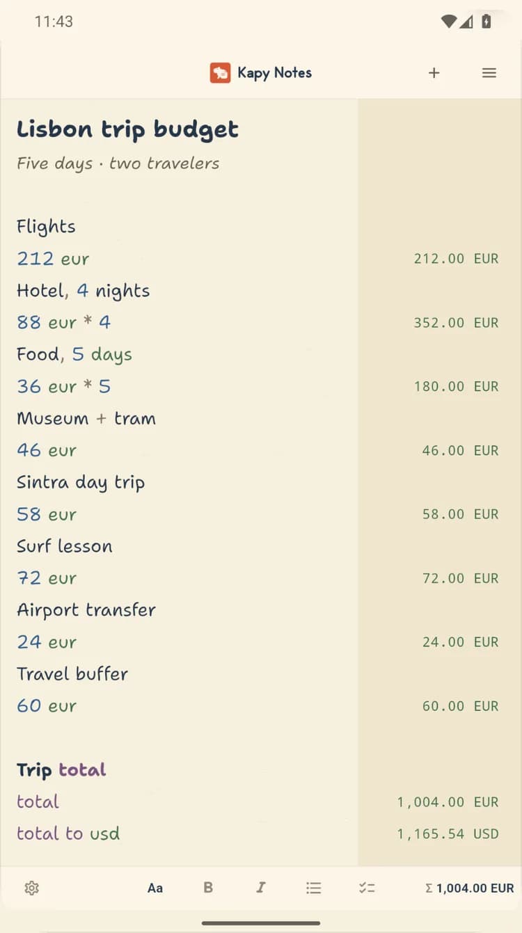 Kapy Notes on Android working out a Lisbon trip budget, with a total and a dollar conversion