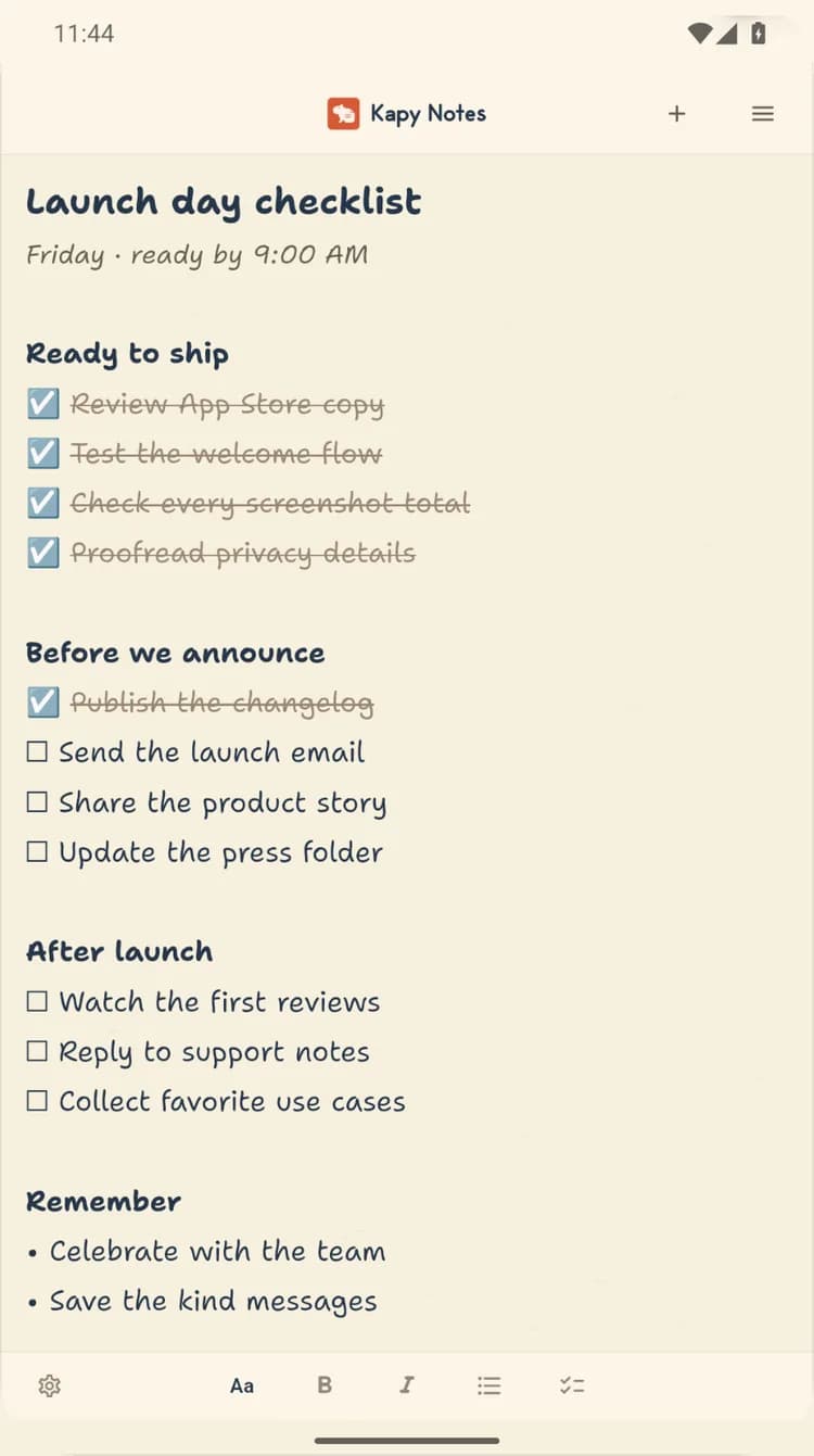 Kapy Notes on Android with a launch day checklist, finished items struck through