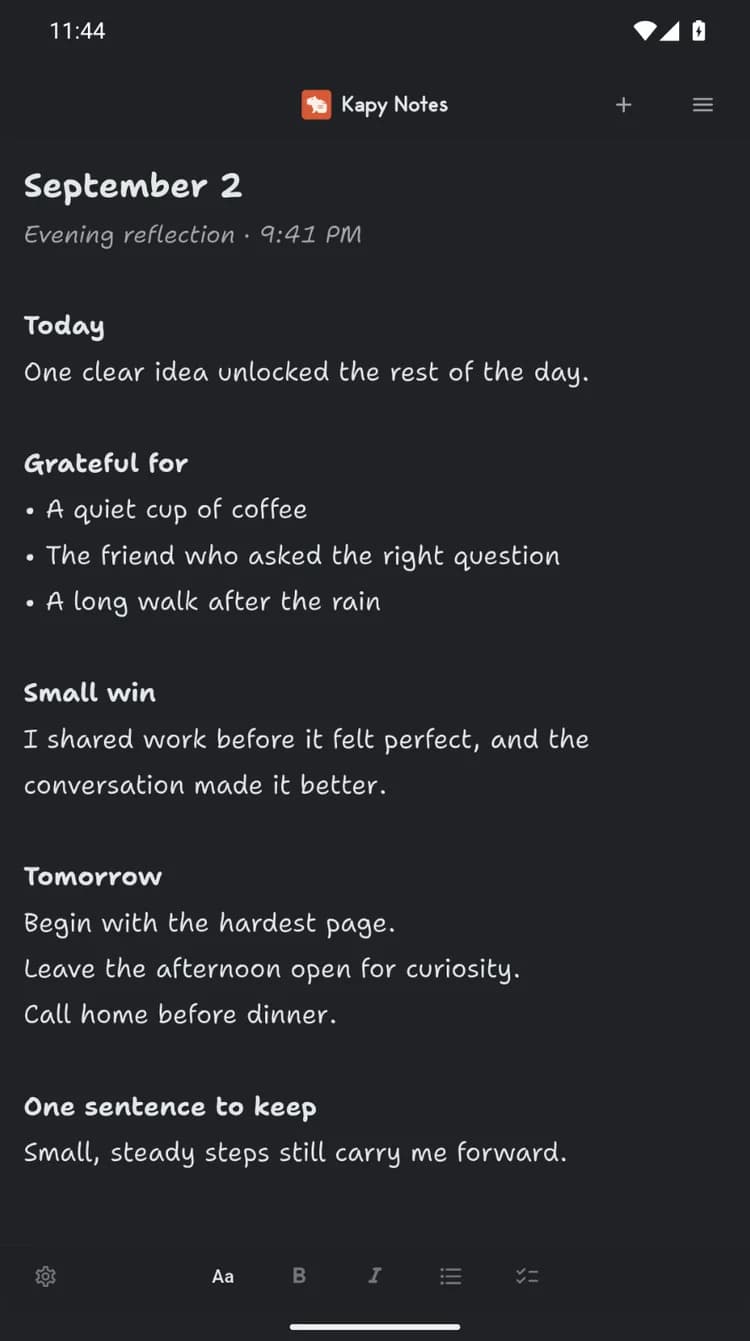 Kapy Notes on Android in its dark theme, showing an evening journal entry