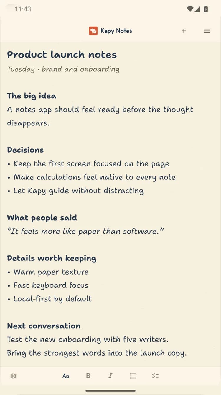 Kapy Notes on Android with product launch notes written as headings and lists