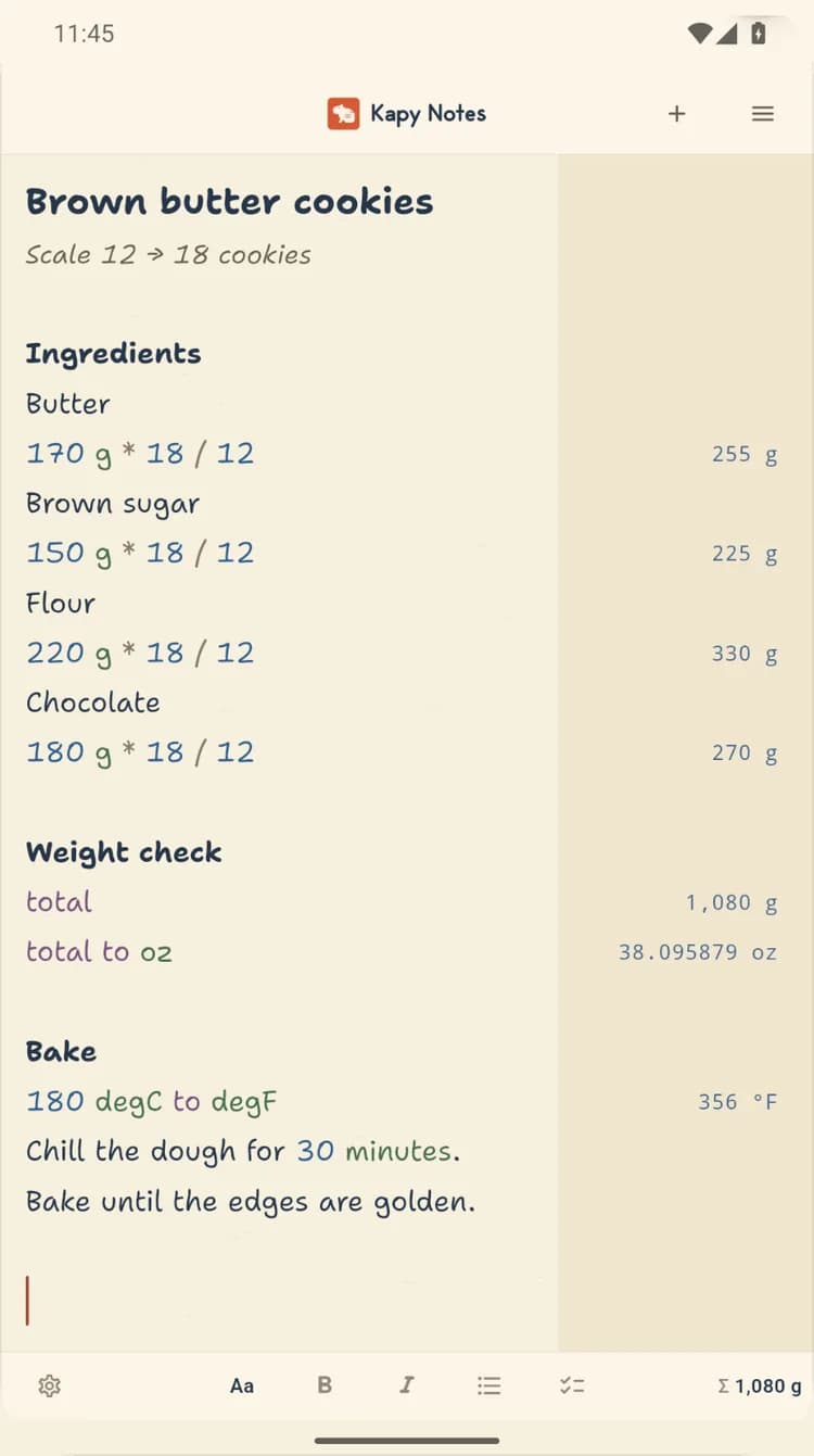 Kapy Notes on Android scaling a cookie recipe and converting grams, ounces and oven temperature