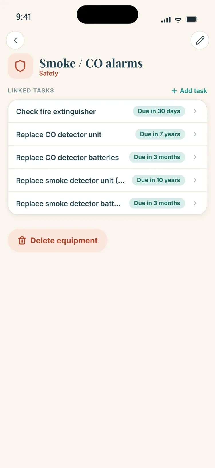 Maintainly equipment page for smoke and CO alarms with five linked tasks