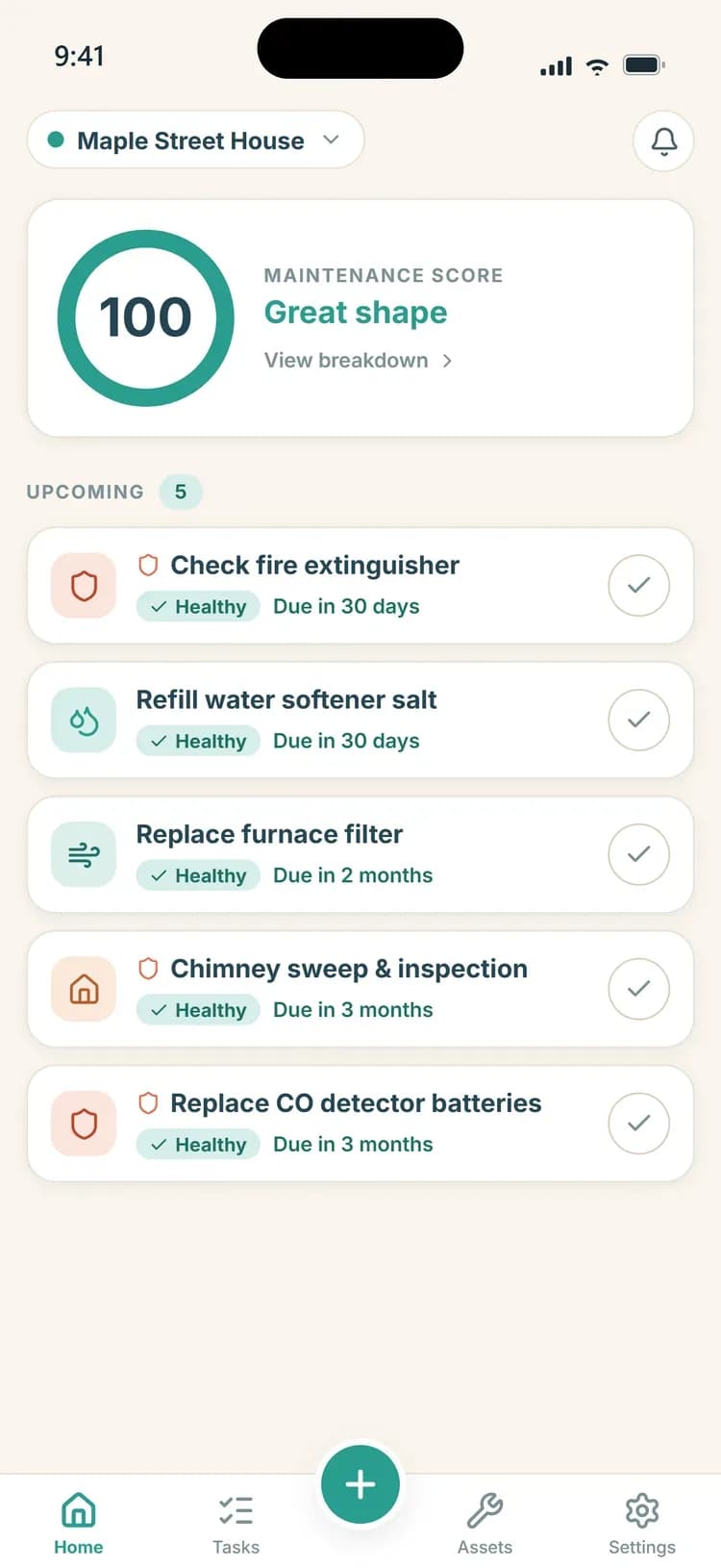 Maintainly home screen with a Maintenance Score of 100 and five upcoming tasks