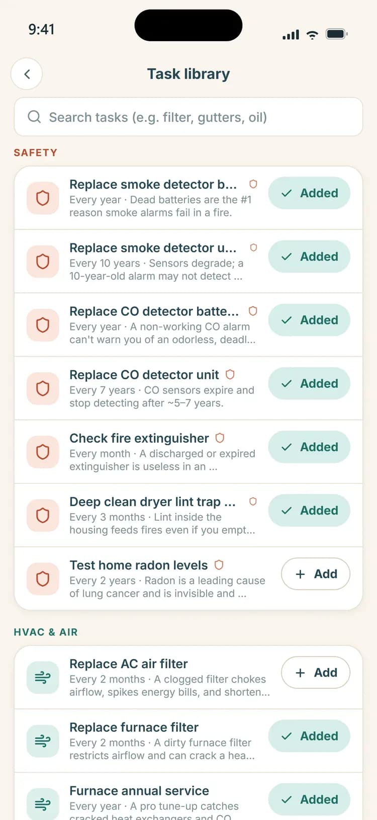 Maintainly task library grouped by safety and HVAC, with one-tap add