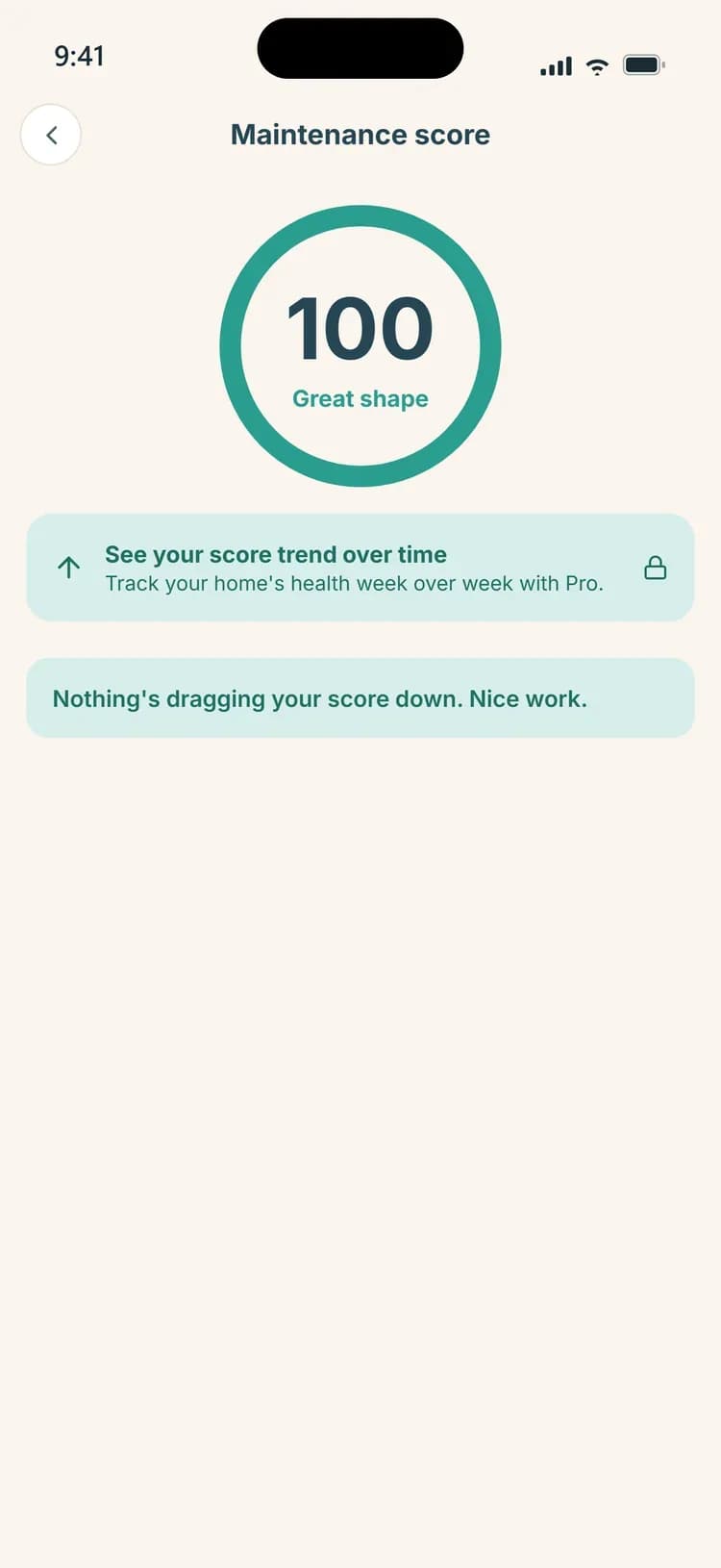 Maintainly Maintenance Score screen with the score ring and what affects it