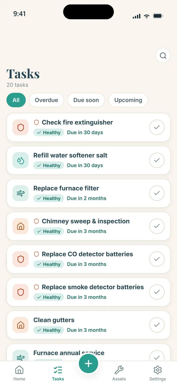 Maintainly tasks screen filtered into overdue, due soon and upcoming