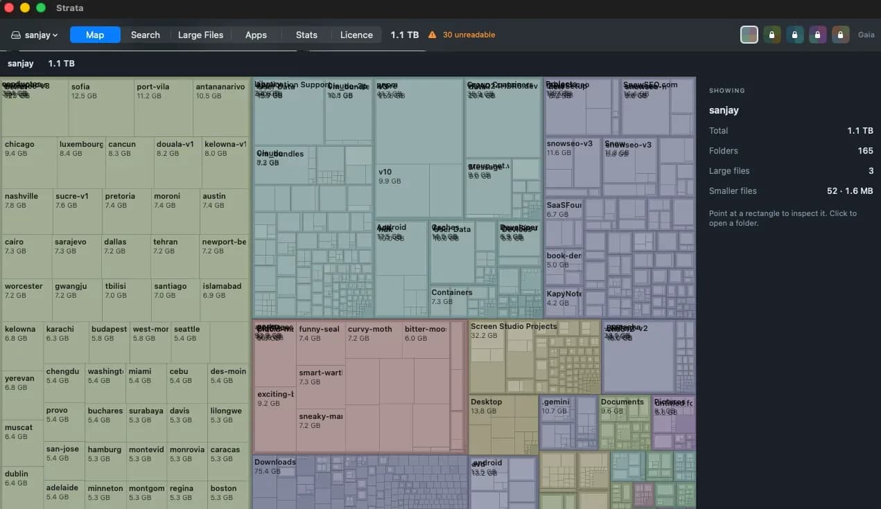 Strata's Map view drawing a 1.1 TB home folder as nested rectangles sized by disk usage