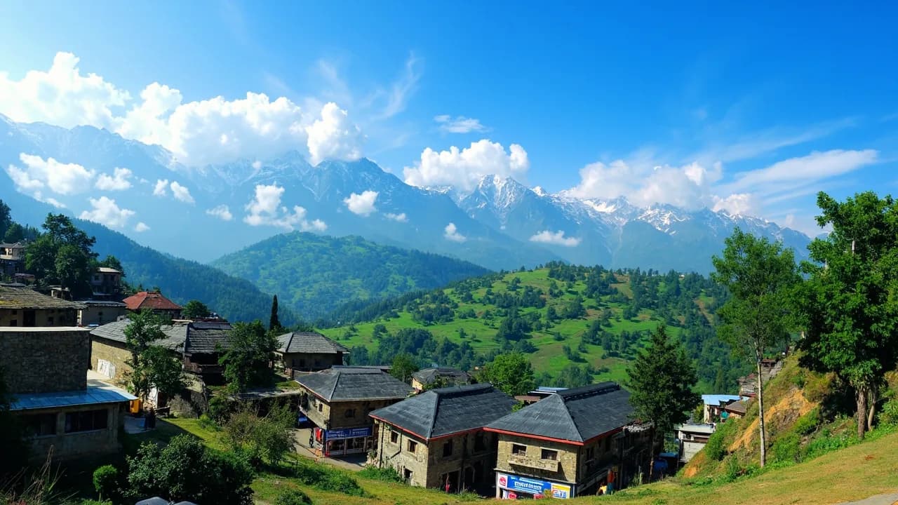 A village in the Uttarakhand hills with snow covered Himalayan peaks behind it, the kind of place our remote interns work from