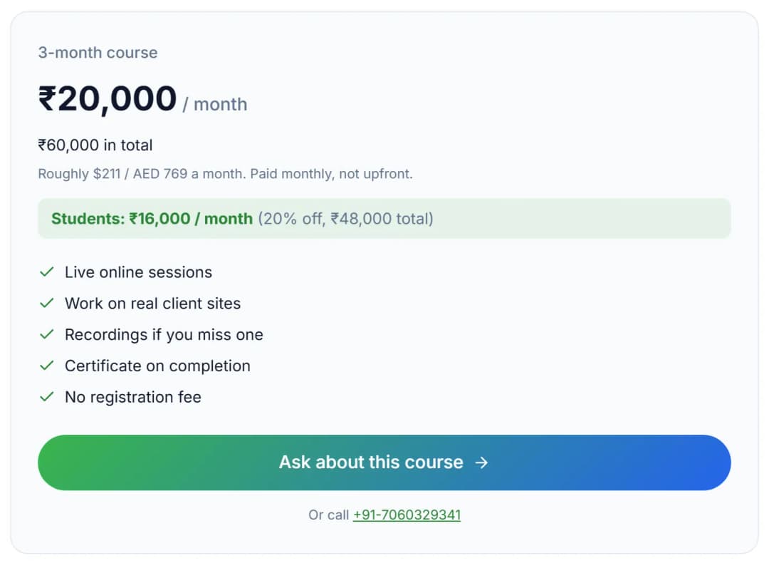 Price card from our SEO course page with the monthly fee, the ₹60,000 total, the student rate and inclusions