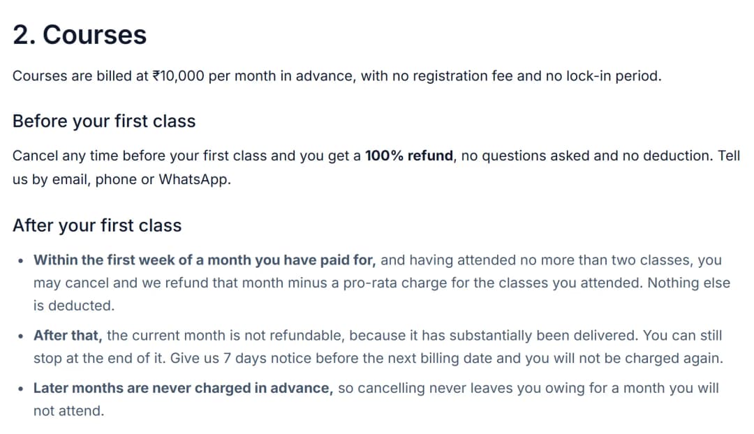 Courses section of our refund policy: full refund before the first class, and the rules after the first class