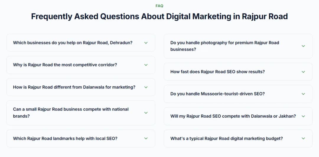 The frequently asked questions on our Rajpur Road page, covering budgets, landmarks, how the area compares with Dalanwala and how fast SEO shows results there
