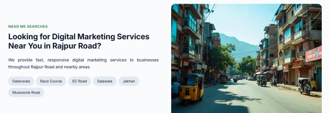 Our Rajpur Road page, with a heading for near-me searches and labels for the nearby localities Dalanwala, Race Course, EC Road, Salawala, Jakhan and Mussoorie Road