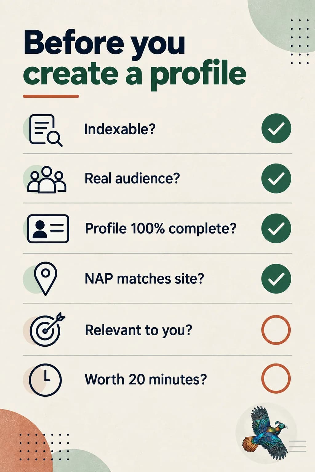 The six checks to run before creating a profile backlink: is the page indexable, does the site have an audience, can you complete the profile, does your NAP match, is it relevant, would you link to it yourself