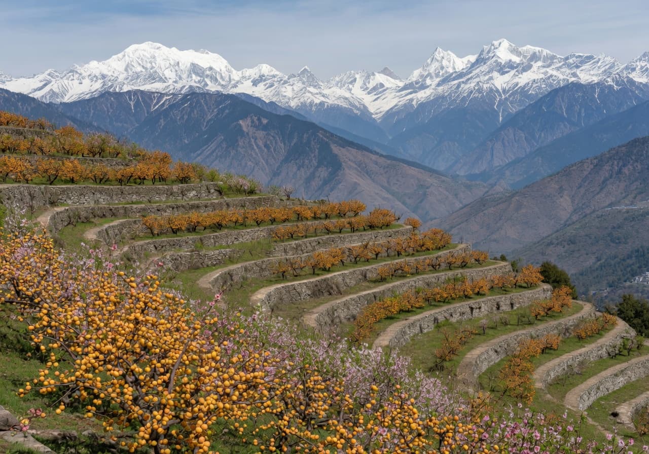 Apricot orchard with Himalayan views at Kausani